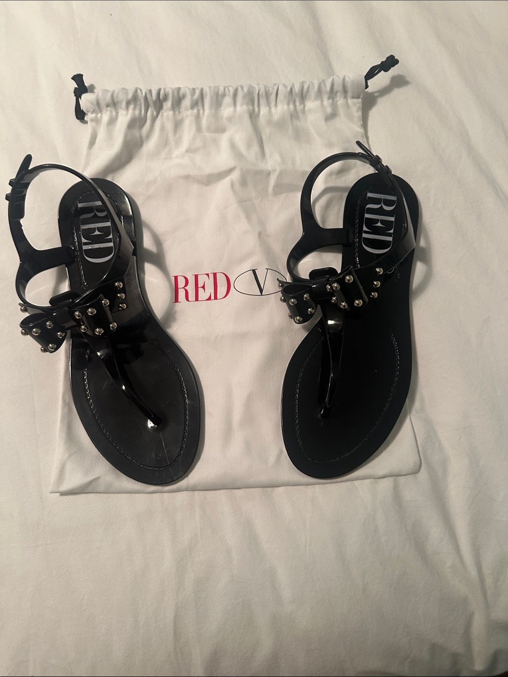 Red by Valentino Black Studded Bow T-Strap Sandals